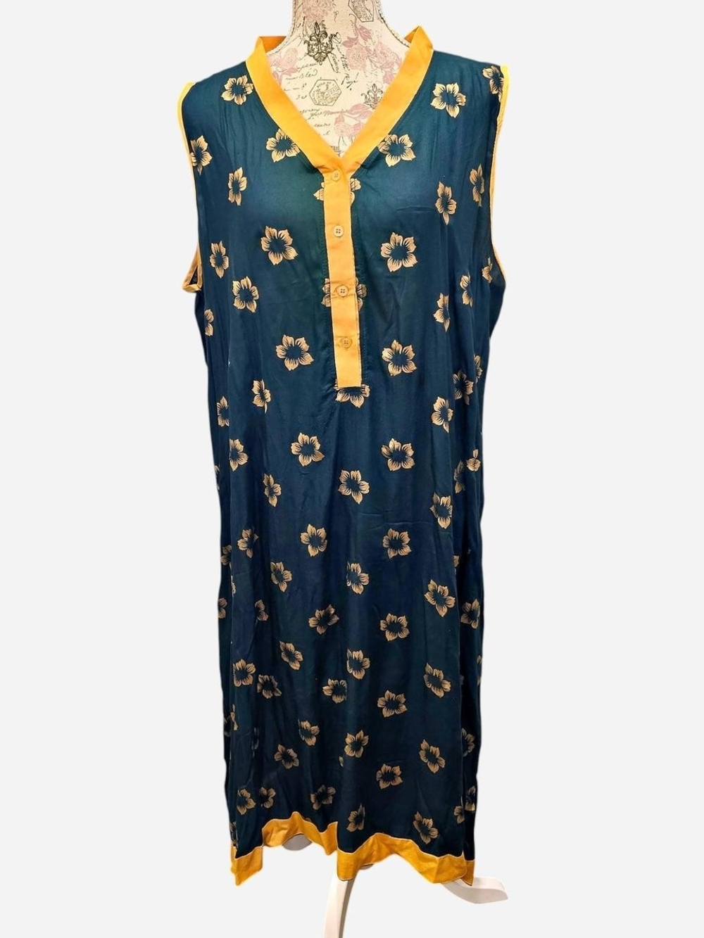 Sleeveless Green Floral Tunic with Gold Trim